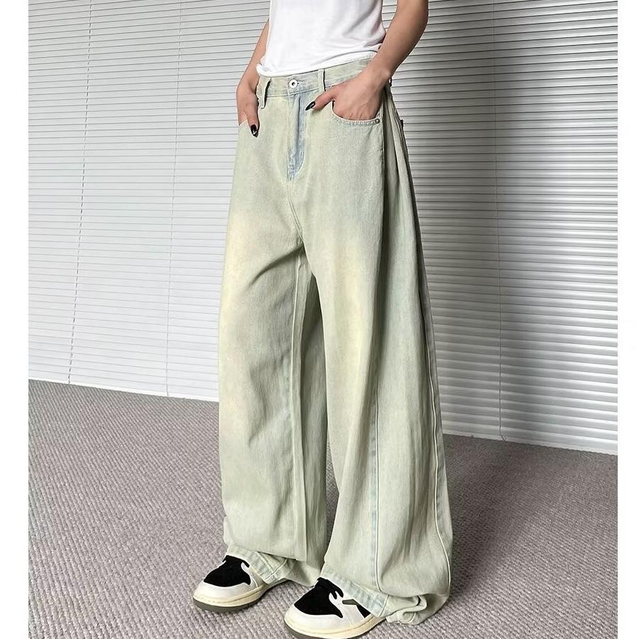Women's Summer Retro Hong Kong Style Light Wash Wide Leg High Waist Denim Trousers