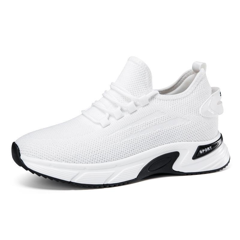 Men's 8CM Hidden Height Flyknit Running Shoes with Thick Platform Sole, Mesh Upper, White.