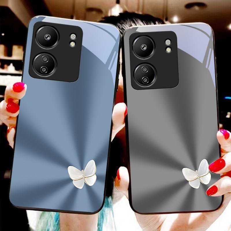 Gradient White Butterfly For Xiaomi Redmi 13C Note13 12 Pro Plus 5G Note 9 13T Pro POCO X6 F5 F6 Black Tempered Glass Phone Case