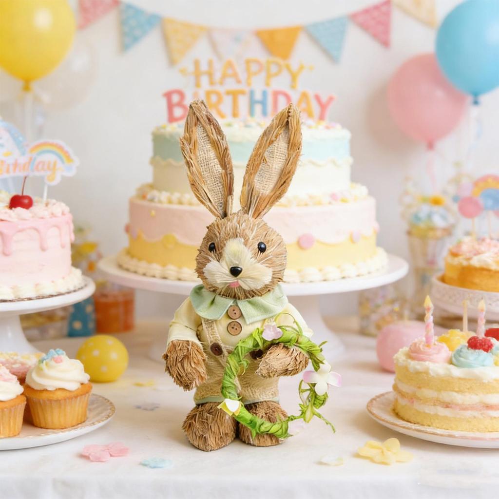 Easter Bunny Decoration, 35cm straw bunny figurine, Easter rabbit desktop ornament, handmade cute decorative bunny