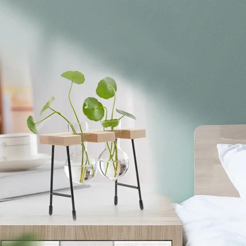 Artistic Wooden Frame Glass Hydroponics Vase Vintage Home Decor Artistic Transparent Flowerpot Coffee Shop Tabletop Decor