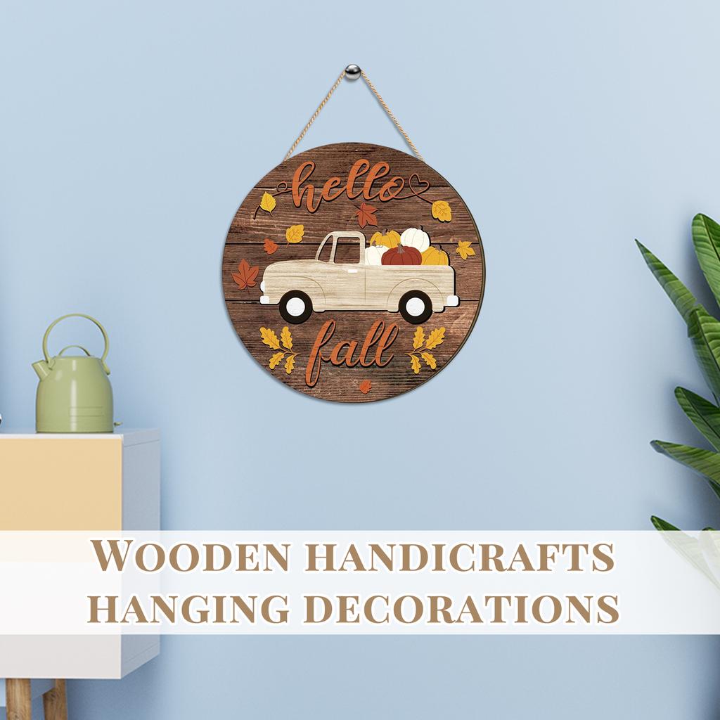 Wooden Round Hanging Sign with Truck and Pumpkin Design for Fall Seasonal Decoration Rustic Autumn Craft Ornament