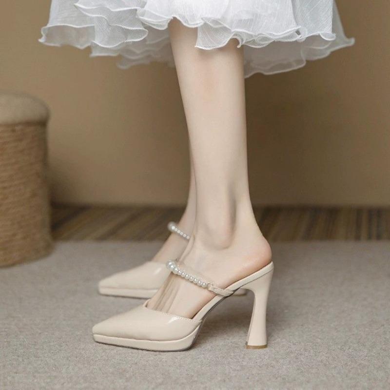 

Fashion High Heel Sandals Women s 2024 Summer Simple Pointed Pearl Chain Thin High Heel Sandals Slippers Women 39 бежевый