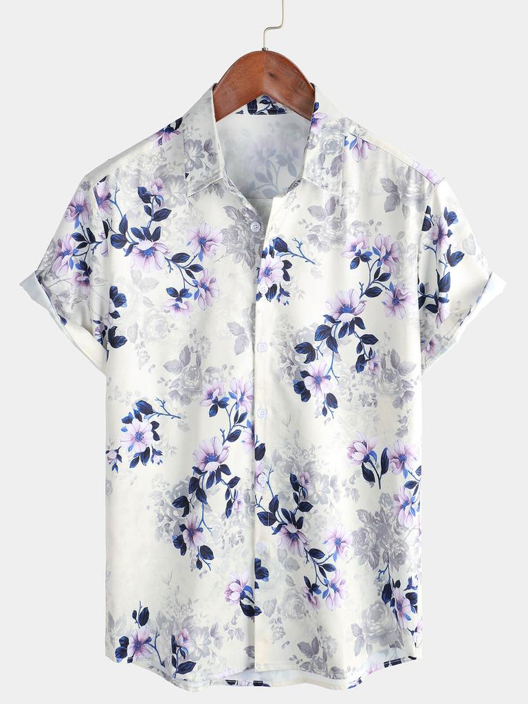 Herren Blau Floralprint Hawaiian Hemd mit Knöpfen Sommer Strand Lässig Kragen Kurzarmhemd Ropa Casual Para Hombres