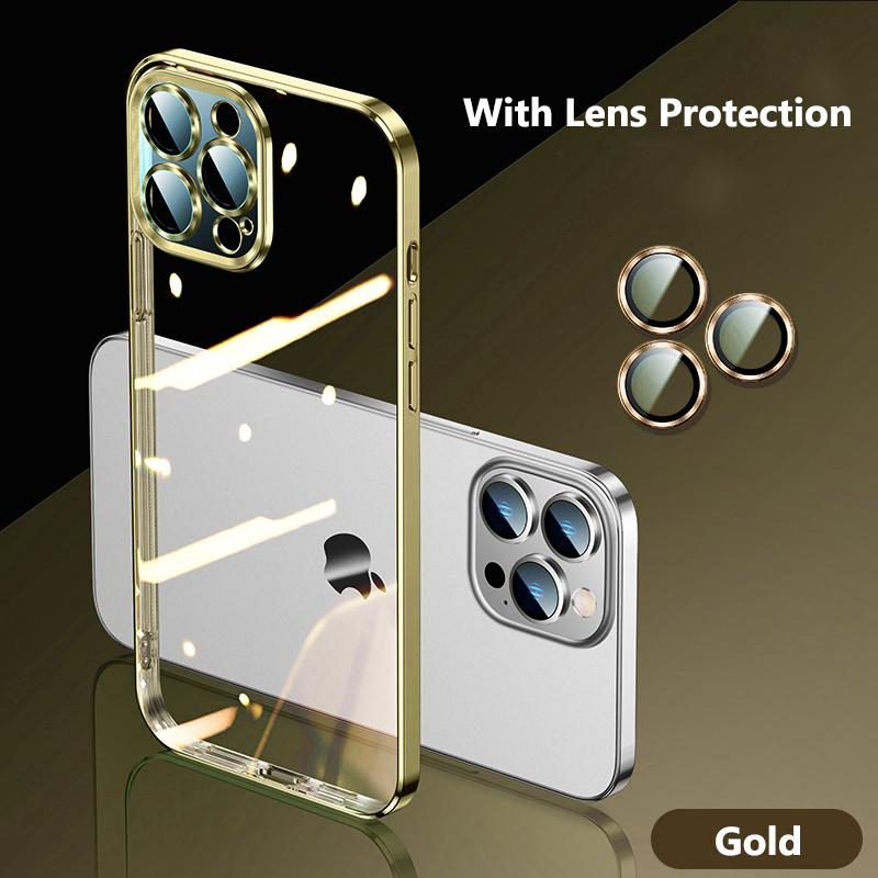 Plating Transparent Silicone Case For IPhone 15 14 Plus 13 11 12 15 Pro Max Mini XR X XS 7 8 SE Lens Shockproof Acrylic Cover