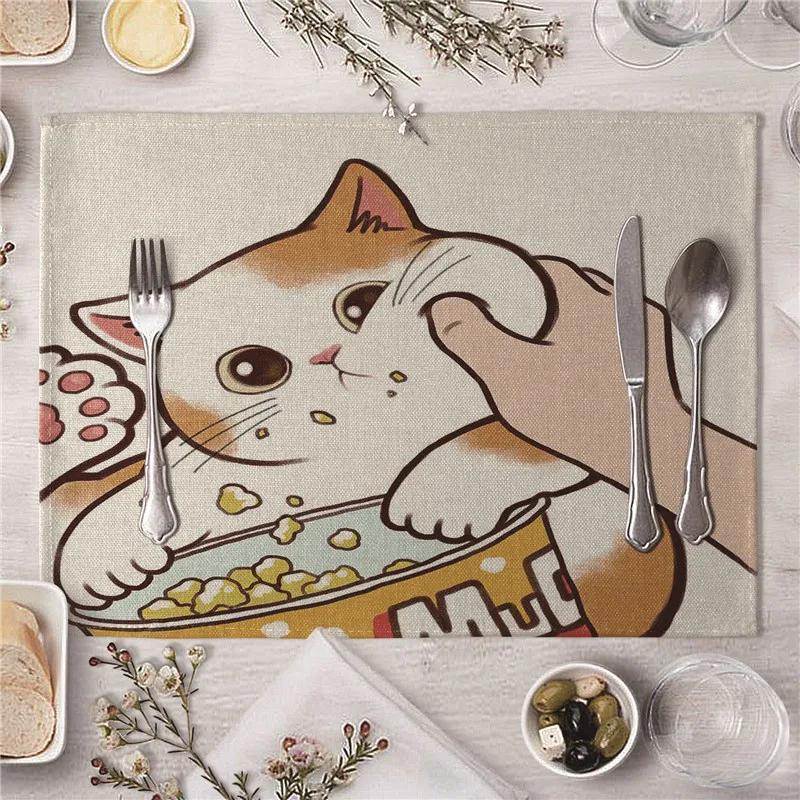 Cute Kiss Cat Pattern Kitchen Placemat Dining Table Mats Drink Coasters Western Pad Cotton Linen Cup Mat 45*32cm