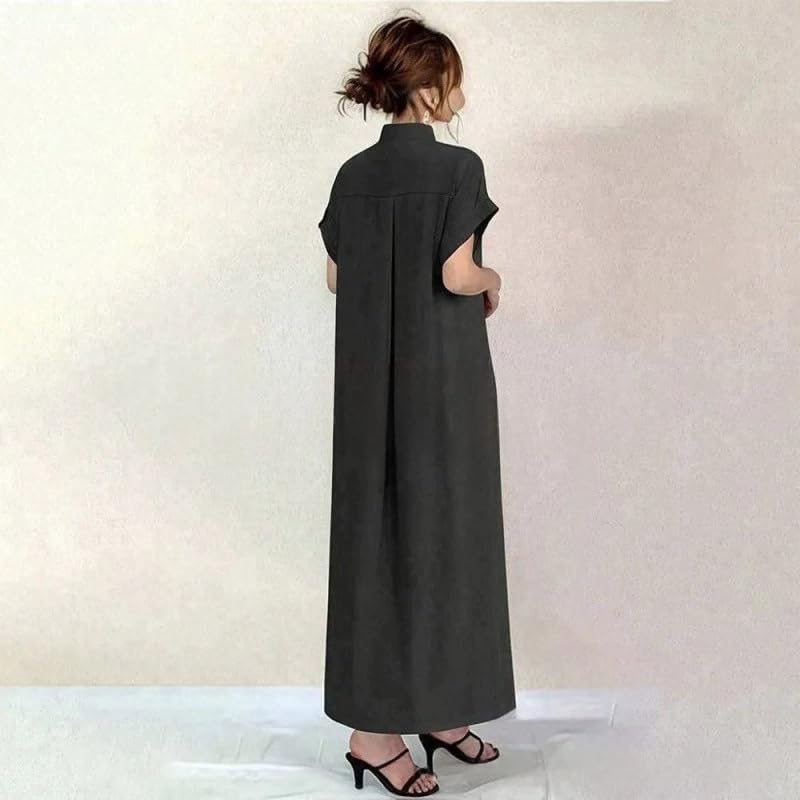 [YUANYUAN] Women's Shirt Dress, Summer Dress, Short Sleeve, Long Length, Single Front Button, Stand Collar, Plain, Casual, Relaxed Fit, Figure-Flatter