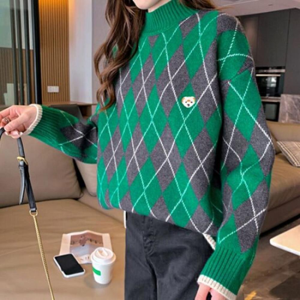 Navava Men Casual Argyle Mock Neck Long Sleeve Knit Top Nk2394