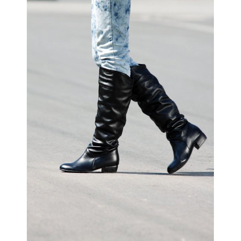 Womens Knee-High Flat Boots PU Leather Round Toe Casual Slip-On Size 34-47