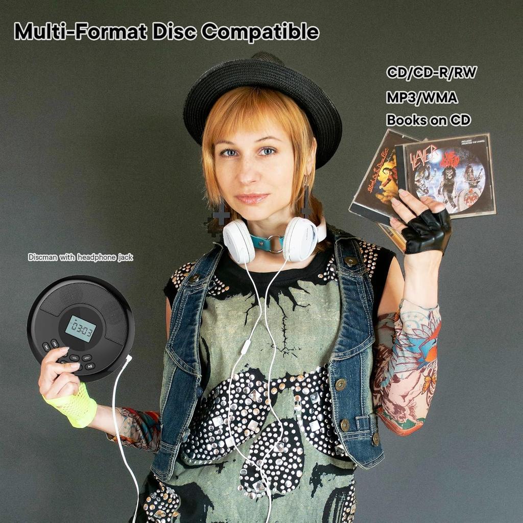 Portable CD Player with Speakers and Bluetooth: Rechargeable Discman with Headphones, Anti-Skip Protection-CD/MP3/USB/BT Transmit/AUX