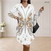 Women Plus Size V Neck Long Sleeve Black Floral Printed Loose Curved Hem Dress