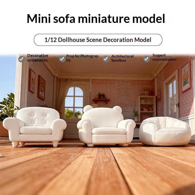 1:12 Miniature White Sofa Lovely Bear Ear Design Small Micro Furniture for Dollhouse Living Area Decoration