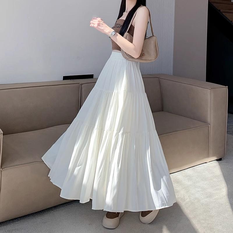 

Women s Summer Elegant High Waisted Slimming White Tiered Skirt A Line Flared Long Skirt for Pear Shaped Figures XL білий