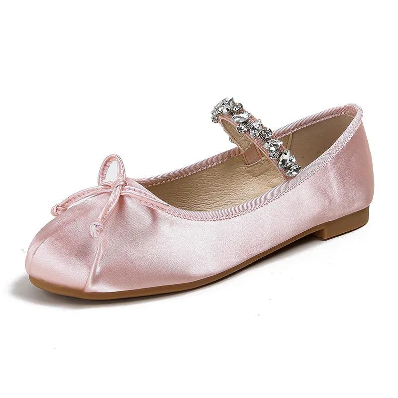 Fashion Elastic Rhinestone Band Mary Janes Woman Bowtie Silk Ballets Shoes Ladies Round Toe Flats Female Loafers Wedding Brides Shoes
