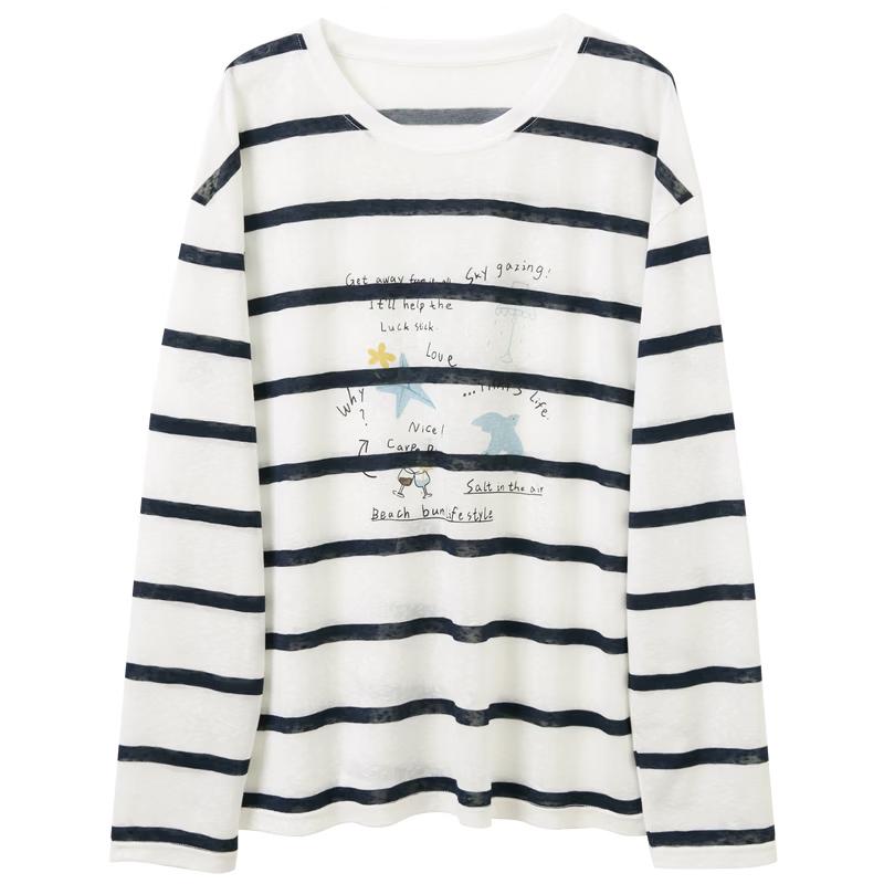 Sancai Women s Striped Letter Print Long Sleeve T-Shirt S