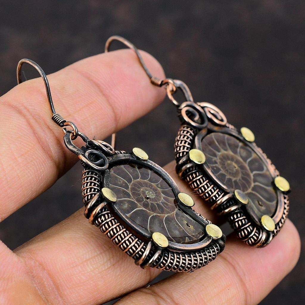 Ammonite Fossil Earring Copper Wire Wrapped Jewelry Handmade Natural Gemstone Earring Copper Wire Wrap Earrings Dangle Earrings Wedding Gift