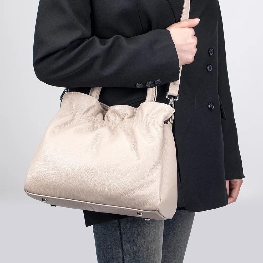 2026 New European-Style High-Quality Genuine Leather Shoulder Handbag for Women - Wrinkled Leather, Large Capacity