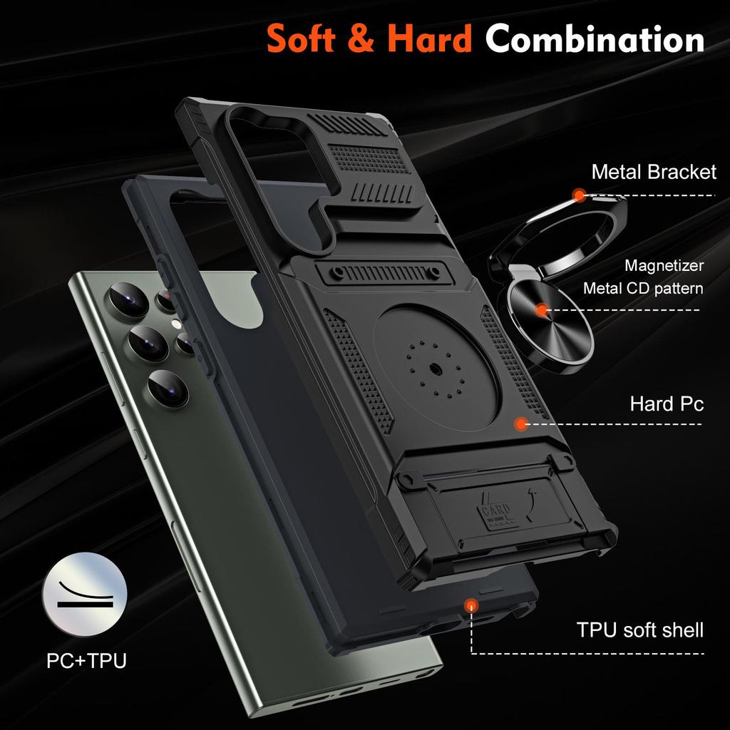 Cross-Border Nail Fusion Case with Card Slot & Bracket for Samsung S25 Ultra & Motorola - Drop-Proof Protection
