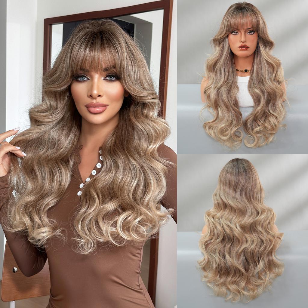 Women’s Natural Black Tea Brown Long Curly Wig with Blunt Bangs Full Wig for Daily Wear