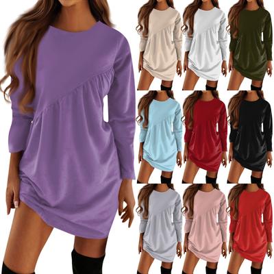 Women's Autumn And Winter New Solid Color Long Sleeve Irregular Pleated Round Neck T-Shirt  Dresses