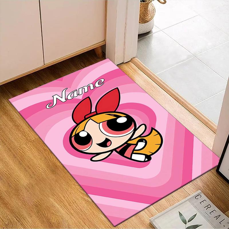 Benutzerdefinierter Name Powerpuff Abenteuer Teppich Spiel Teppich, Fußmatte für Schlafzimmer Wohnzimmer Eingangsbereich Teppich, Heimdeko Idee Geschenk für Weihnachten Geburtstag