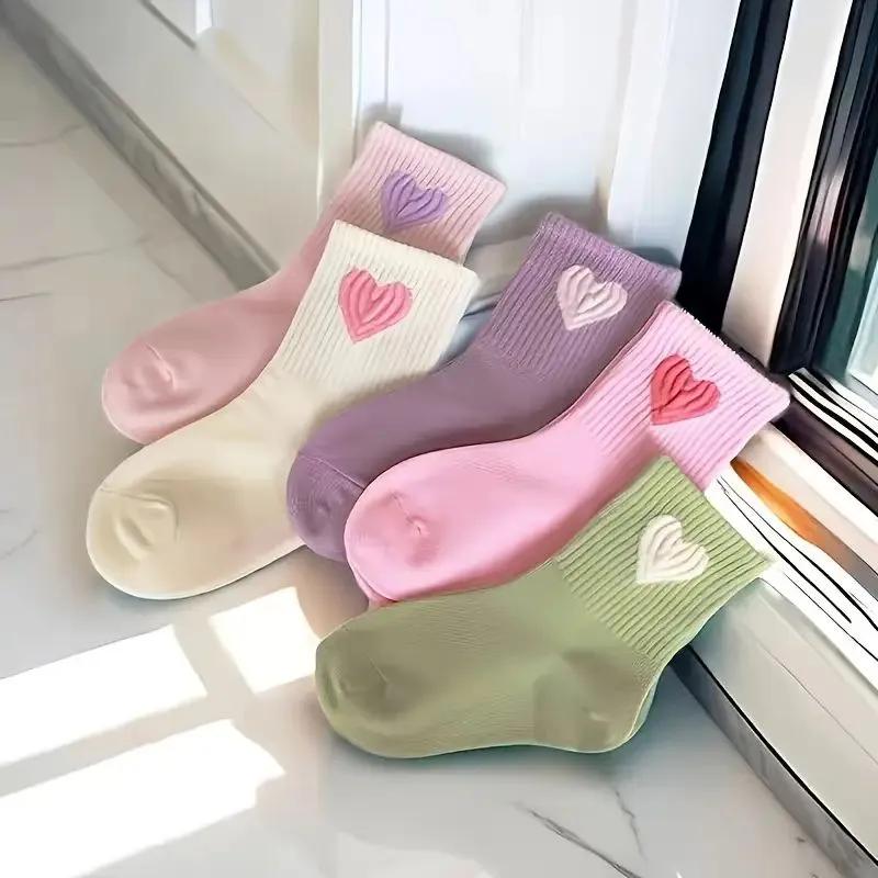 5 Pairs Girls Cotton Crew Socks, Cute Heart Embroidered Soft Casual Socks for Kids 5pcs разноцветный