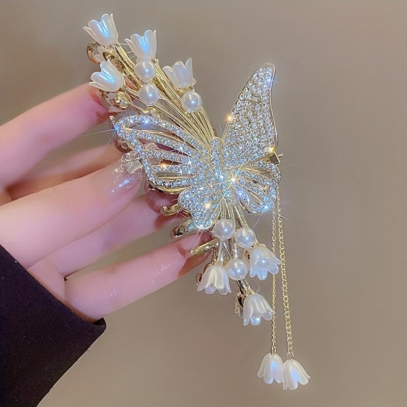 1Pc Cool Flower Butterfly Rhinestone Artificial Pearl Tassel Hairpin, Fairy Hair Accessories, Ideal for Gifts