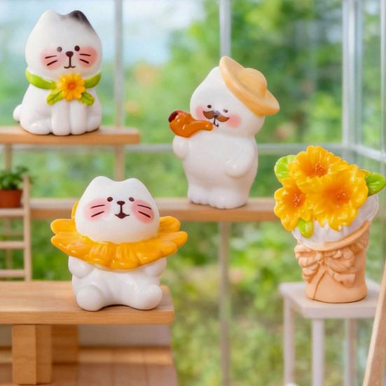 Micro Landscape Ornament with Cute Cat And Sunflower Miniature Figurines Pastoral Healing Scene Ornament for DIY Dollhouse