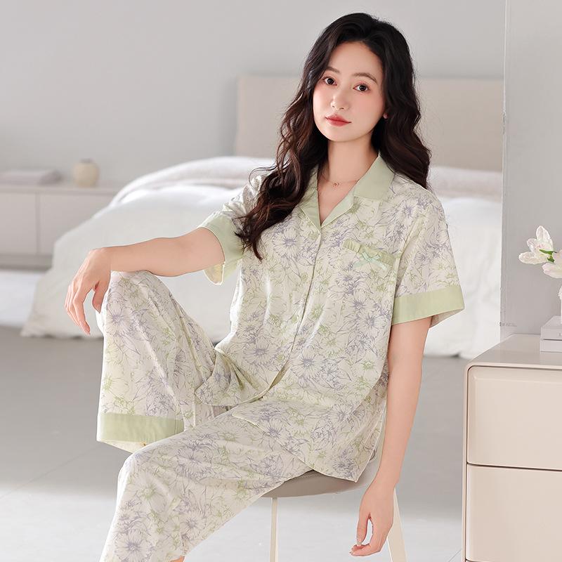 Pajamas women's summer cotton short-sleeved trousers thin summer 1011 new large-size summer cardigan loungewear