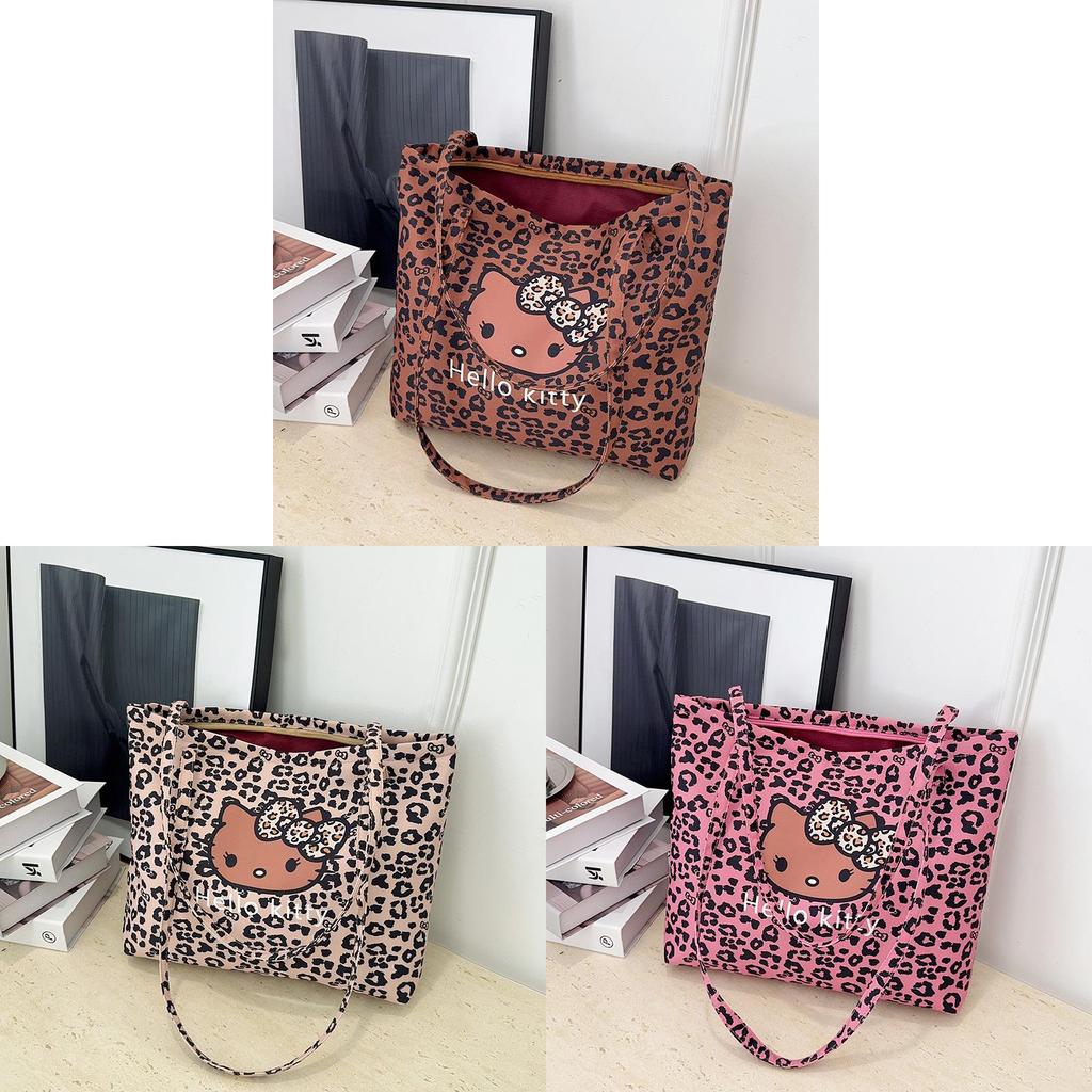 Hello Kitty Leopard Print Canvas Girls Shoulder Bag With Breathable Lightweight Fabric For School And Daily Use