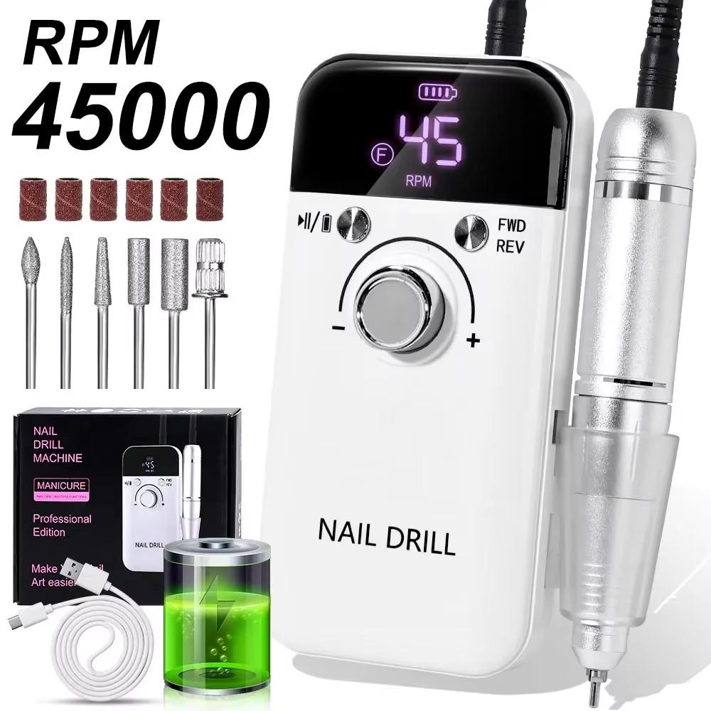 Portable Nail Drill Professional: 45000 RPM Rechargeable Electric Nail Drills Machine with 6 Bits, Drill Para Uñas Profesional E