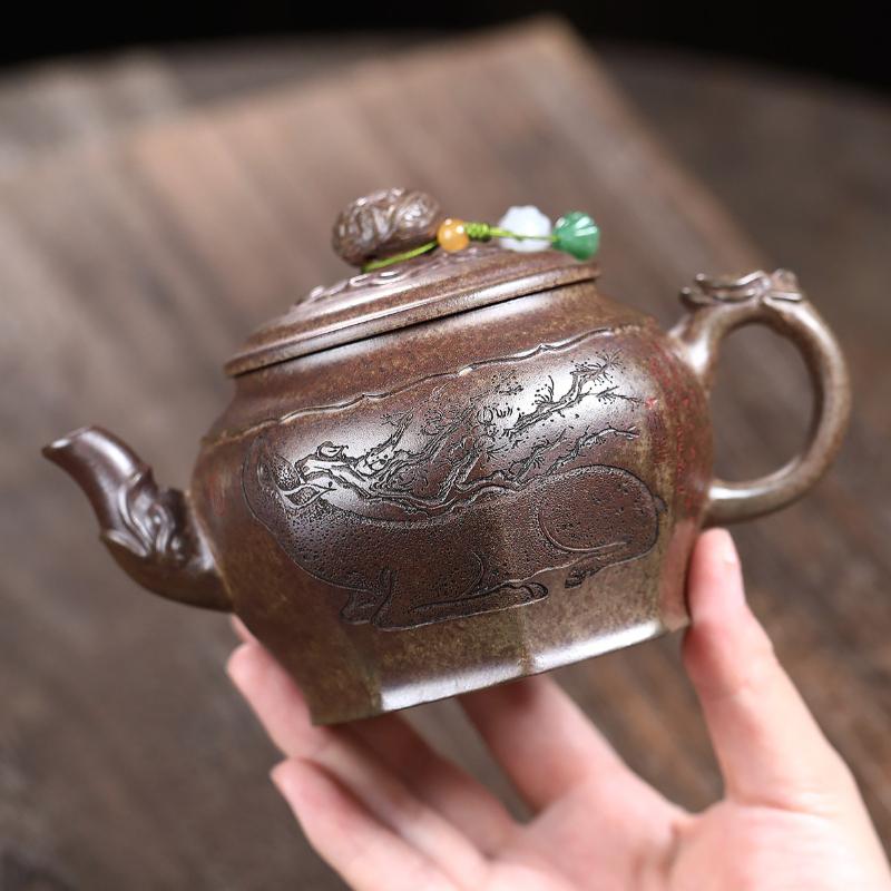 

400 мл Ісінські фіолетові глиняні чайники Ручної роботи Палацовий ліхтар Сира глина Дерев яний обпал Керамічна глина Чайник для заварювання чаю Набір чаю Zisha