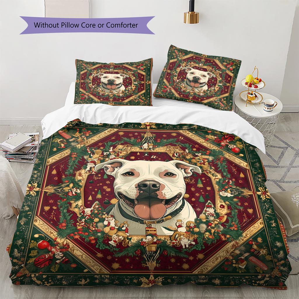 Christmas Pitbull Pattern Bedding Home Decoration Birthday Gift (1 * duvet cover + 2 * pillowcase, without core)