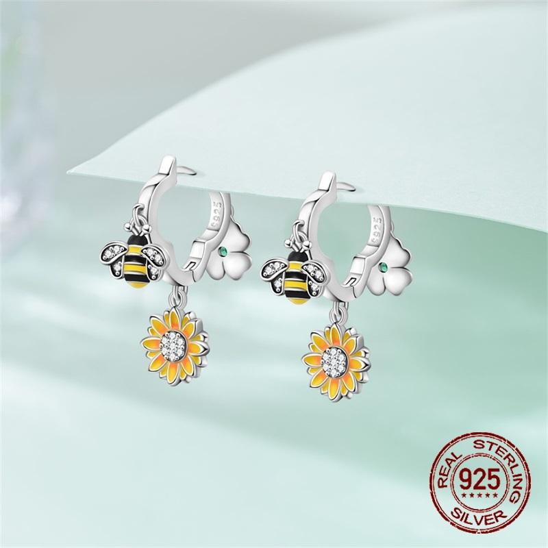 925 Silver Sterling Silver Bee Butterfly Flower Drop Hoop Earrings for Women Girl Ear Studs Fine Jewelry Fashion Anniversary