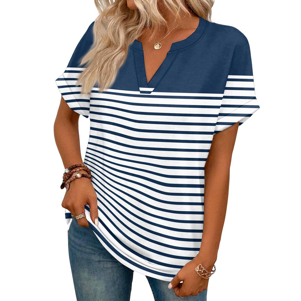 Stylish Women's Casual V-neck Short-sleeved Striped Plaid Print T-shirt