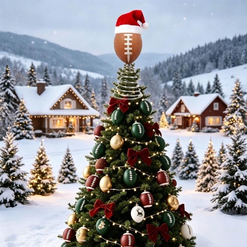 Sports Ball Christmas Tree Top Ornament, Spring Mounted Santa Hat Style for Indoor Holiday Party Tabletop Shelf Display