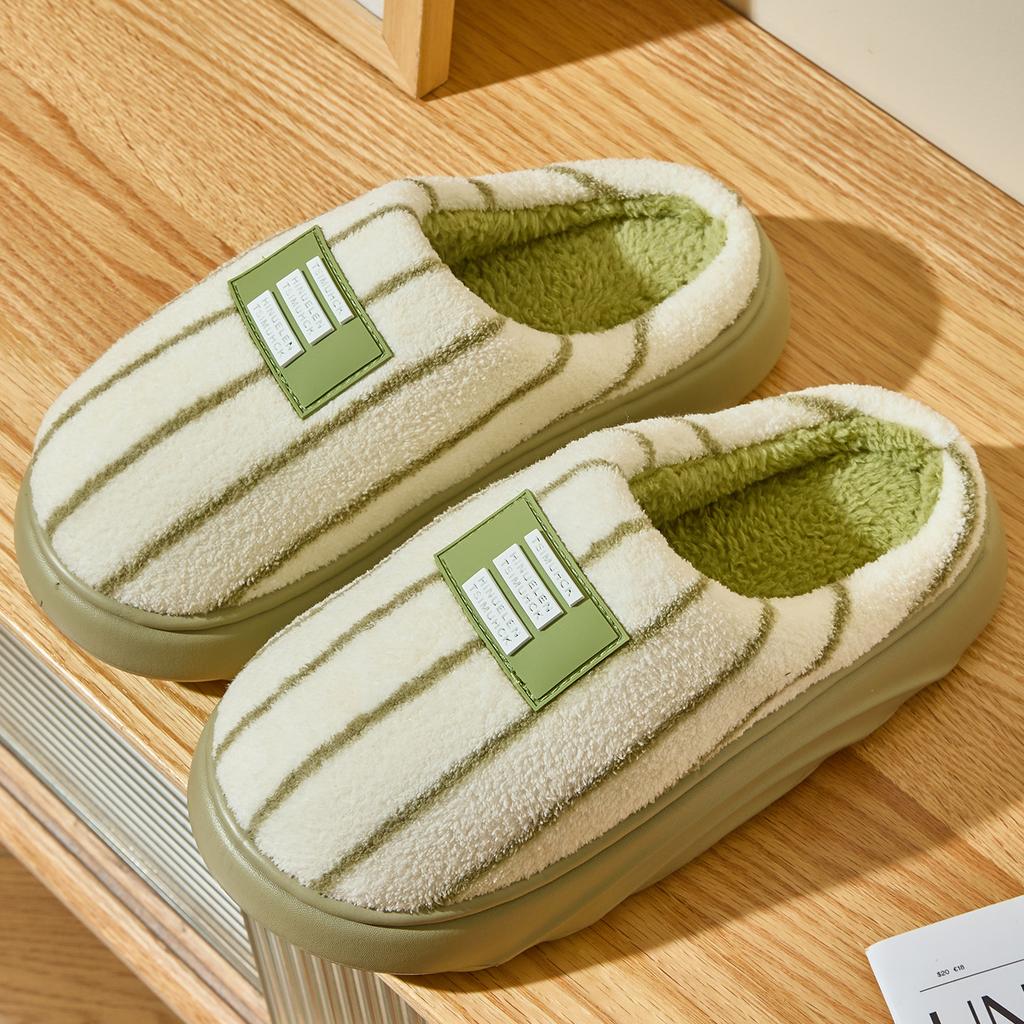 Striped Cotton Slippers Autumn and Winter New Indoor Home Non-slip Thick Bottom Velvet Warm Advanced Couple Cotton Mop
