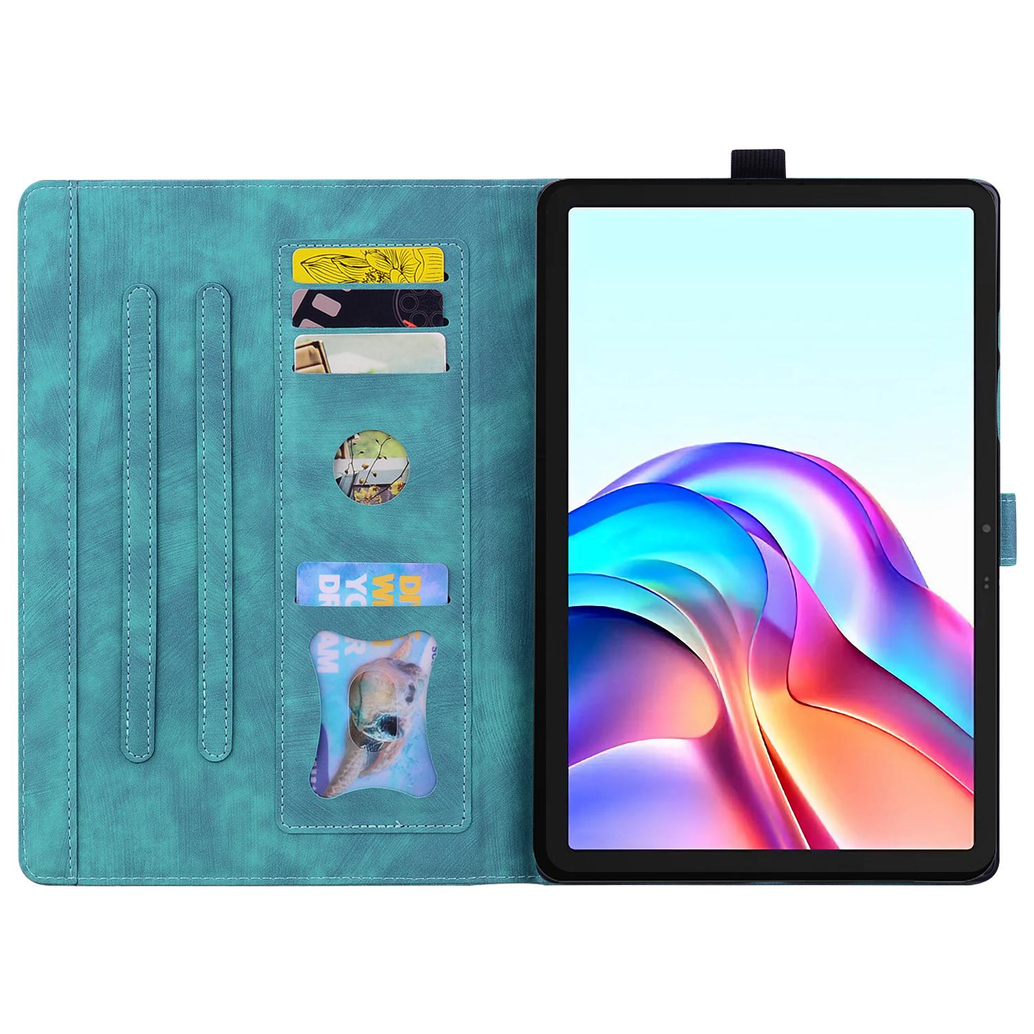 

For TECNO Megapad 11 Case Card Slots Leather Tablet Stand Folio Cover Flower Cat Blue