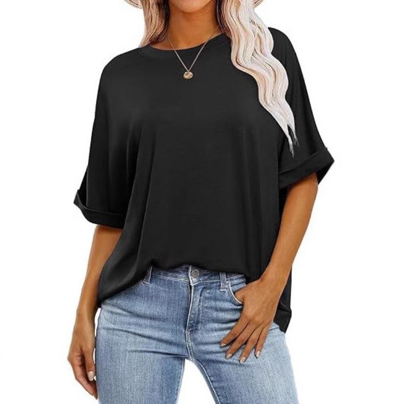 Damen Schwarzes Lockeres T-Shirt Mit Aufgeschlagenen Kurzen Ärmeln Und Rundem Ausschnitt Lässiges Sommer Oberteil