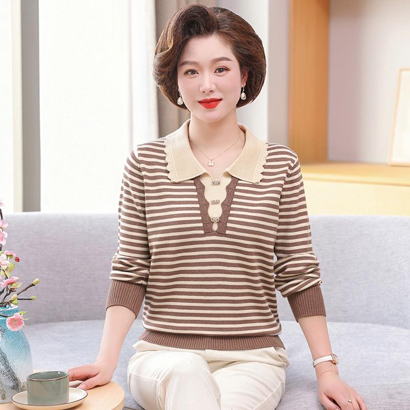 

Модный полосатый вязаный свитер 2025 года на весну/осень для женщин среднего и пожилого возраста с воротником-лацканом 3XL (130-150 jin)