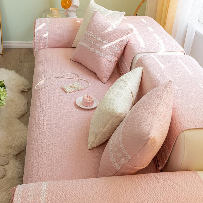 Cotton Pink Sofa Cushion for All Seasons, Non-slip Cushion, Simple Sofa Cover, Backrest Towel, Full Cover Cloth