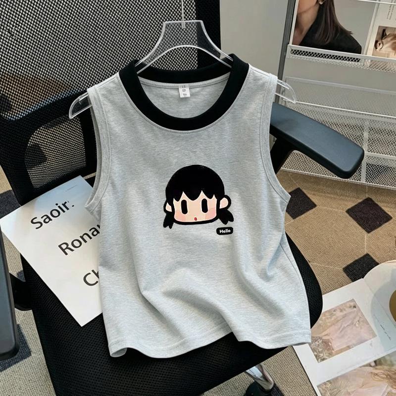 Korean Style Color Block Sleeveless Cotton Vest T-Shirt for Girls (Ages 6-12)