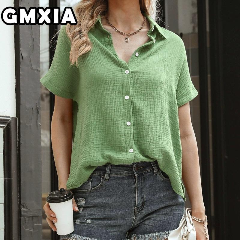 GMXIA Women's Fashion Casual Leisure Solid Color Print Short Sleeve POLO Neck Blouses & Shirts