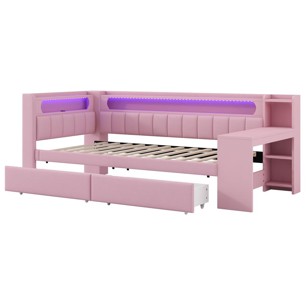 Divano Letto Imbottito 90x200 con Porte USB e Striscia LED, con Scrivania e 2 Cassetti, Rosa