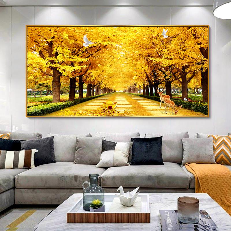 Neue Chinesische Goldene Meile Leinwand Malerei Wand Kunst Gelb Gold Baum Straße Poster Drucke für Wohnzimmer Schlafzimmer Dekoration Cuadros