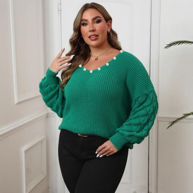 Women's Sweater Pineapple Sleeve Splicing Deep V Woven Base Shirt Nail Pearl Splicing Casual Top