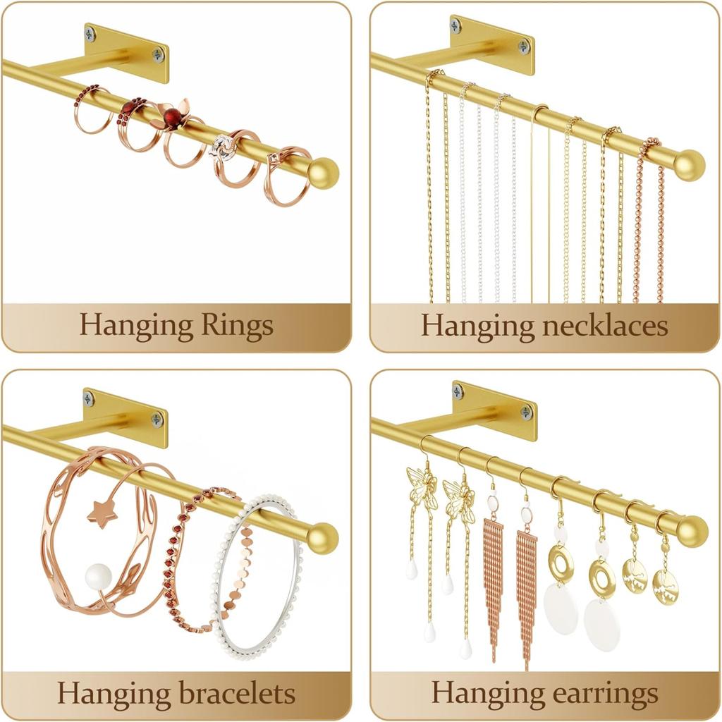 Black Wall Mounted Jewelry Storage Rack Pack of 2 : 12.6-inch Necklace Rack with Screws for Earrings Bracelets Rings Hair Rings Glasses