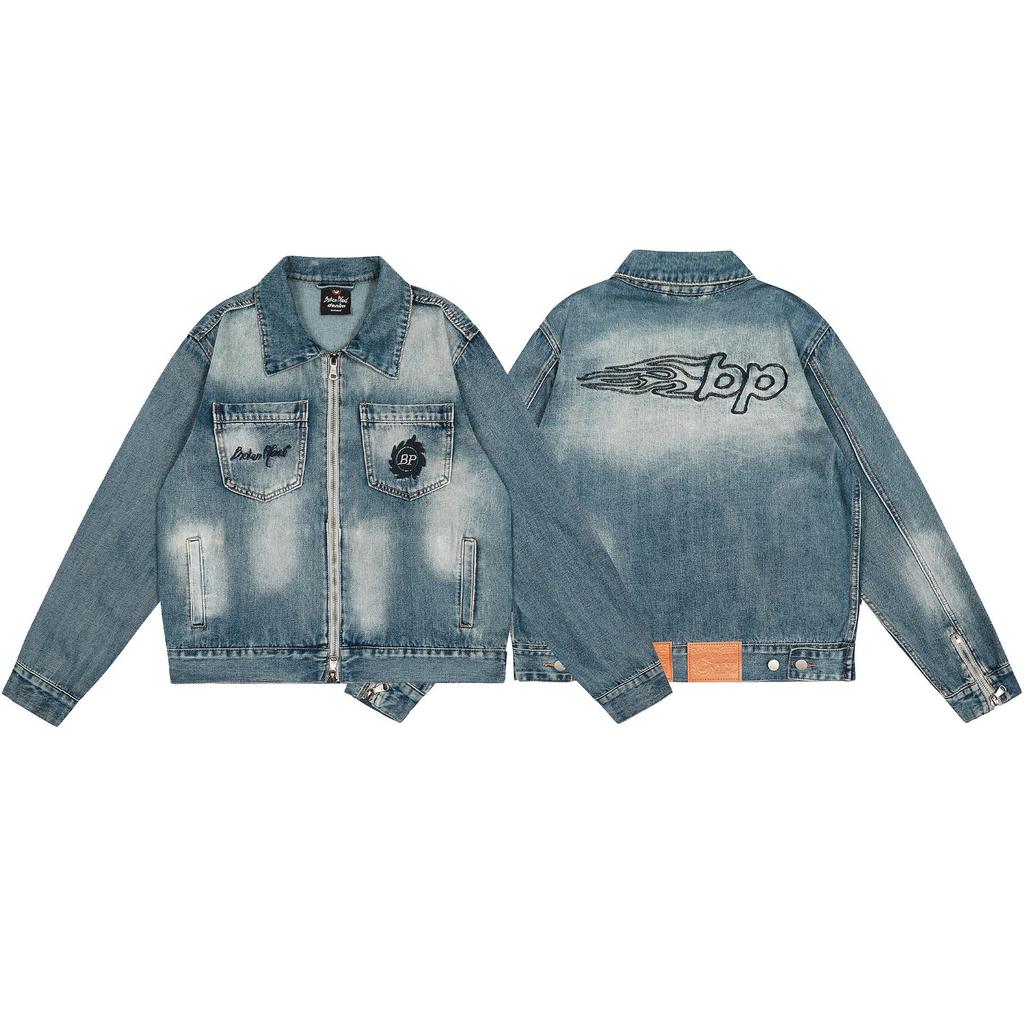 Neue trendige Unisex-Denimjacke mit gesticktem Broken Planet