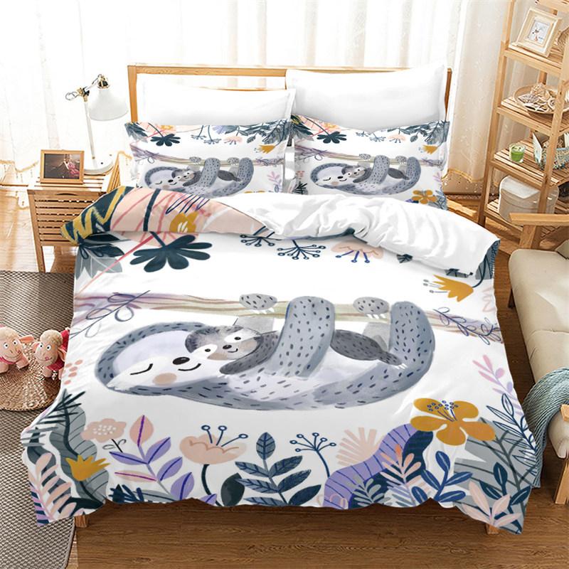 Niedlicher Cartoon Faultier Bettbezug Floraler Blätterdruck Bettwäscheset Für Kinder Teenager Schlafzimmerdeko Blumen Bettdeckenbezug Kissenbezüge