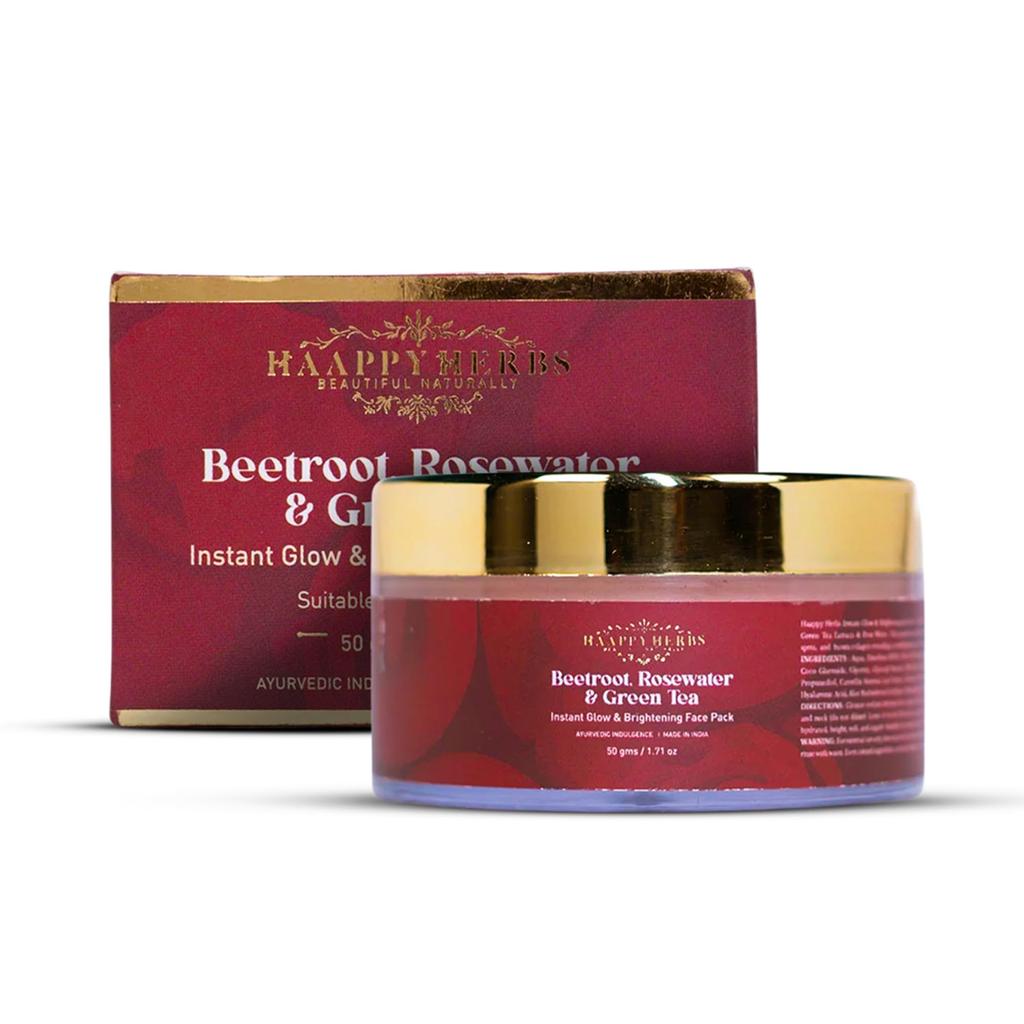 Haappy Herbs Aufhellende Gesichtsmaske 50g - Rote Bete, Rosenwasser & Grüner Tee Glow Gesichtsmaske gegen Pigmentierung, Dunkle Flecken & Fahle Haut - Feuchtigkeitsspendende Tonerde F